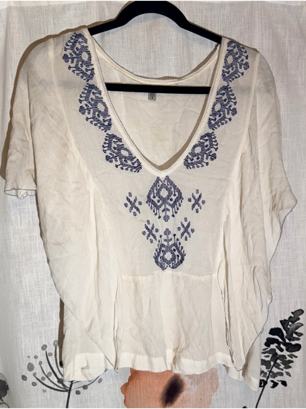 Ecote by Urban Outfitters Cream V-Neck Embroidered Boho Tunic with Navy Detail - Picture 2 of 10